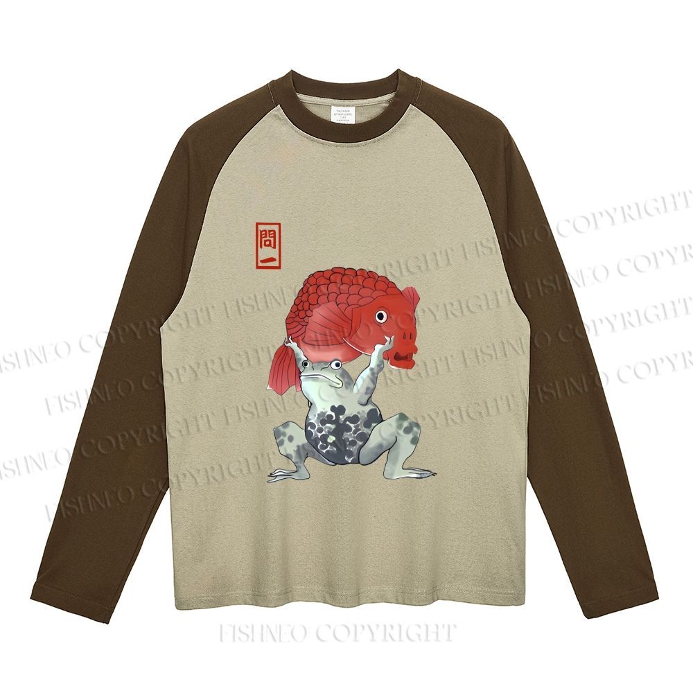 Frog Carrying A Red Fish Neutral Color-Blocked Raglan Commuter Sweatshirt