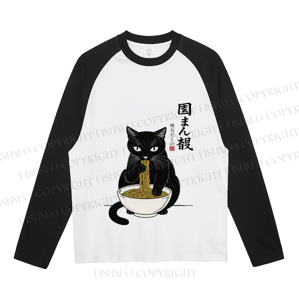  Japanese Ramen Black Cat Neutral Color-Blocked Raglan Commuter Sweatshirt