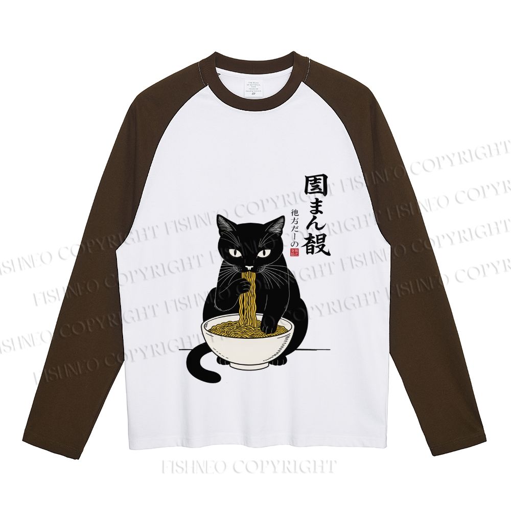  Japanese Ramen Black Cat Neutral Color-Blocked Raglan Commuter Sweatshirt