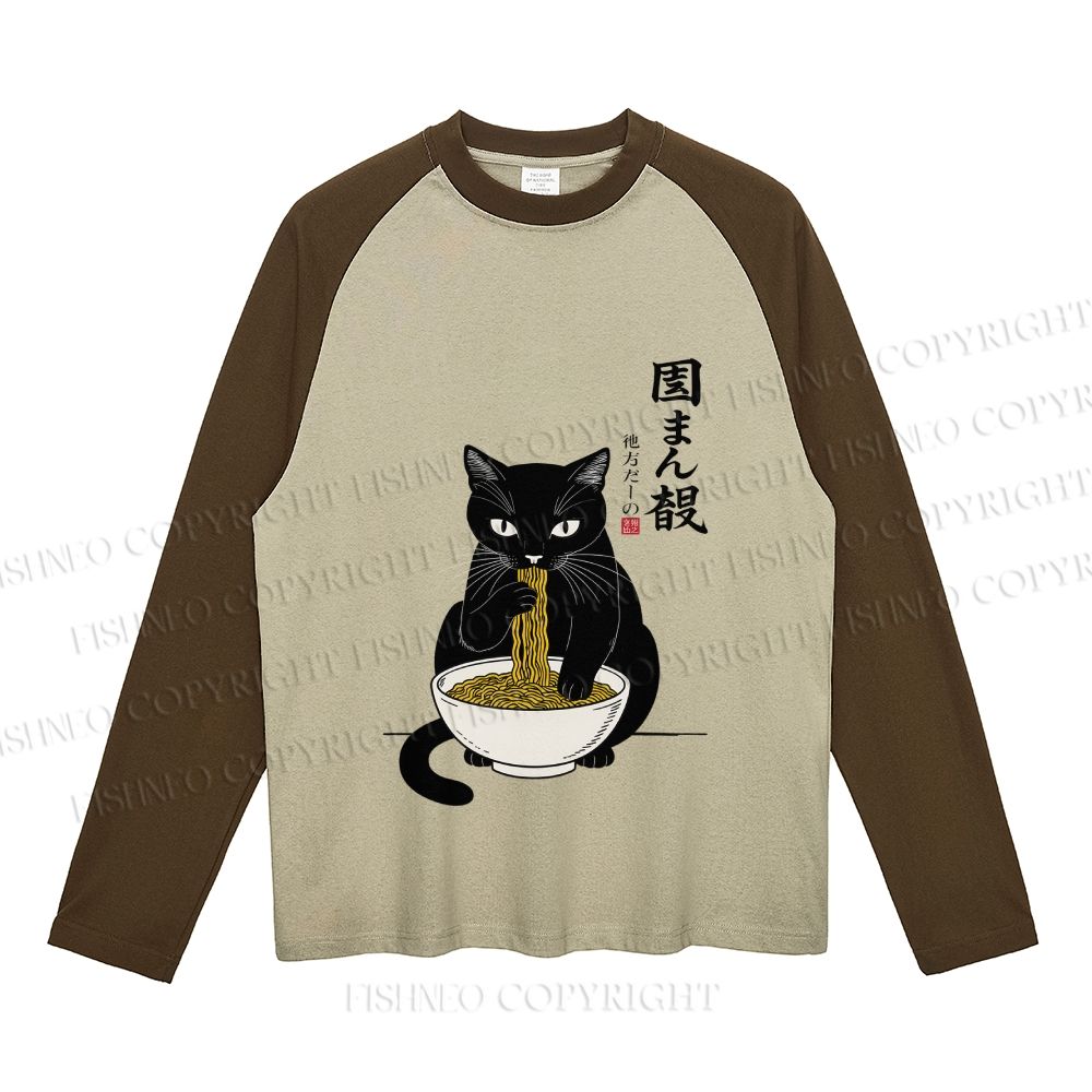  Japanese Ramen Black Cat Neutral Color-Blocked Raglan Commuter Sweatshirt
