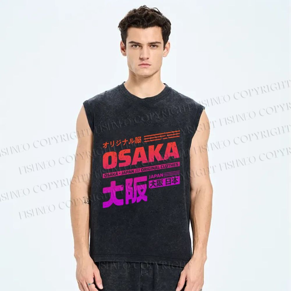 Unisex Japan Osaka Sign Printed Washed Tank Top