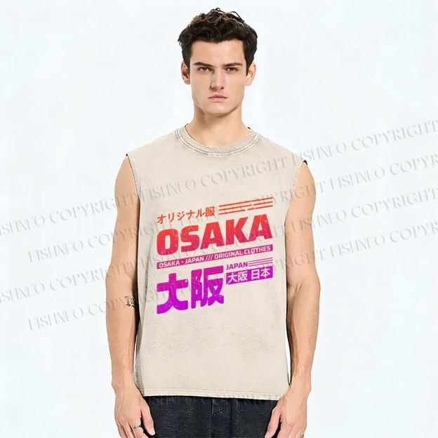 Unisex Japan Osaka Sign Printed Washed Tank Top