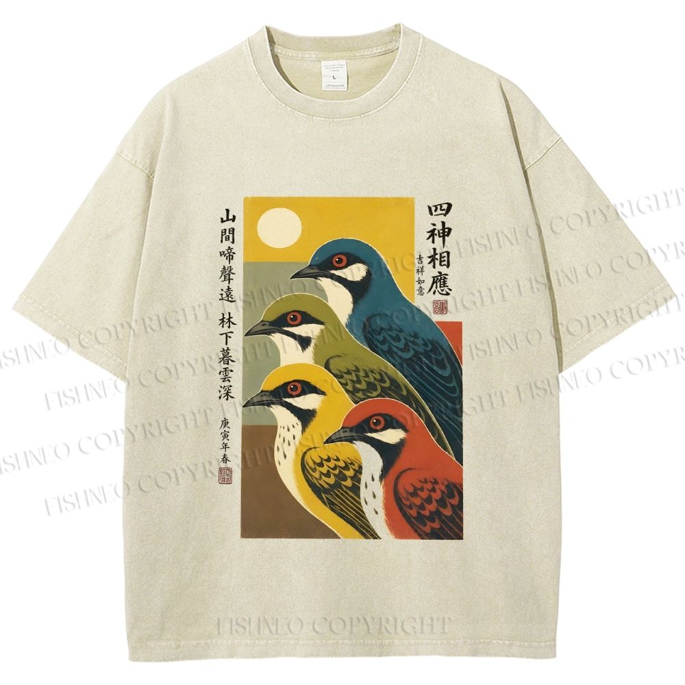 Unisex Japanese Mid Century Art Birds Printed Washed Tee