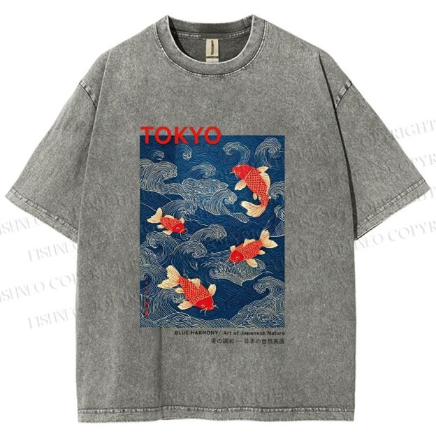 Unisex Tokyo Koi Printed Washed Tee
