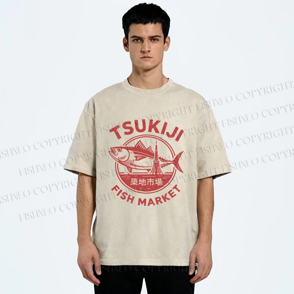 Unisex Tsukiji Fish Market Printed Washed Tee