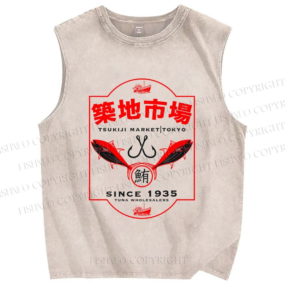 Unisex Tsukiji Fish Market Printed Washed Tank Top