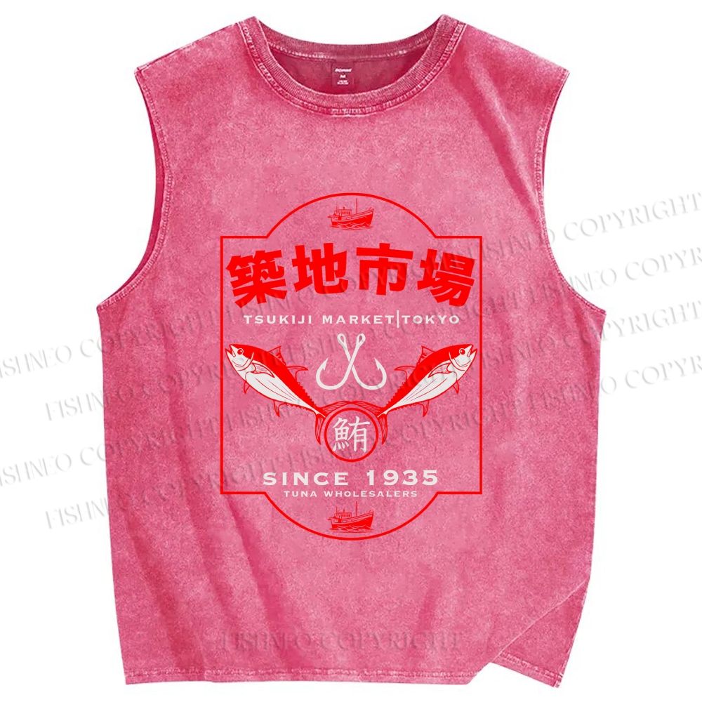 Unisex Tsukiji Fish Market Printed Washed Tank Top