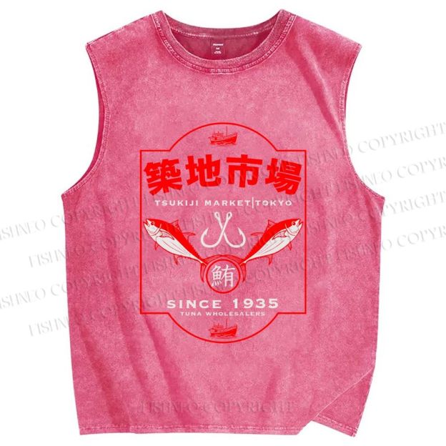 Unisex Tsukiji Fish Market Printed Washed Tank Top