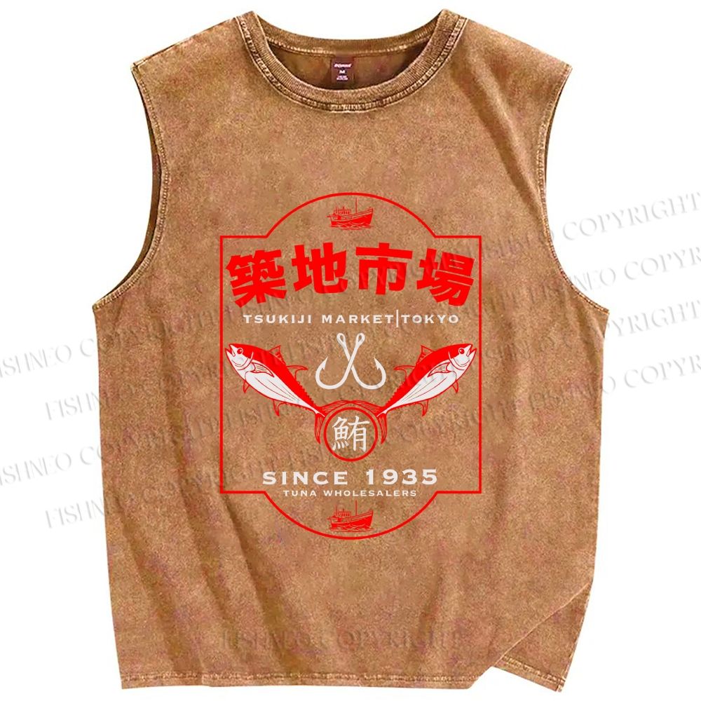 Unisex Tsukiji Fish Market Printed Washed Tank Top