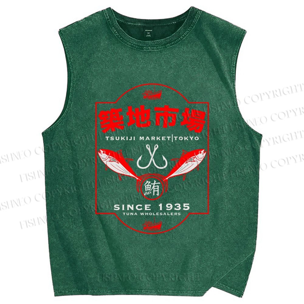 Unisex Tsukiji Fish Market Printed Washed Tank Top
