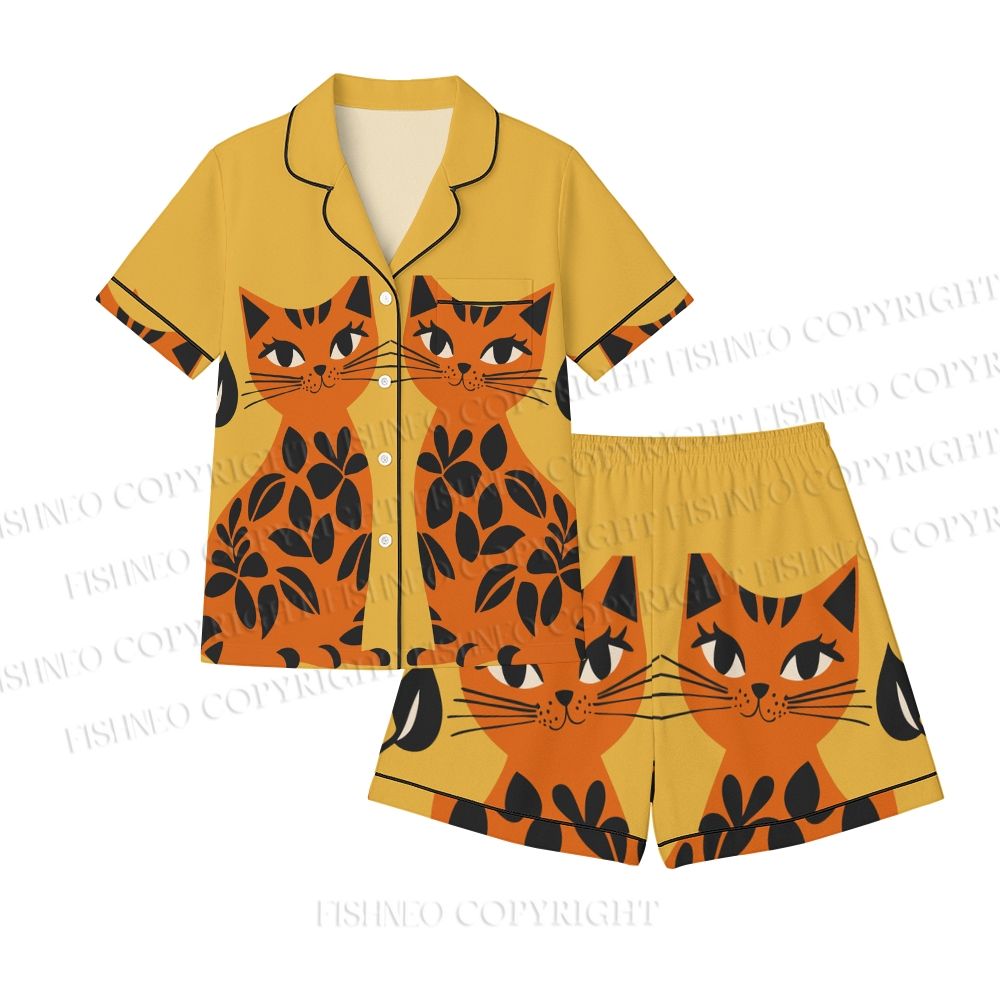 Floral Cat Crew Neck Pajama sets