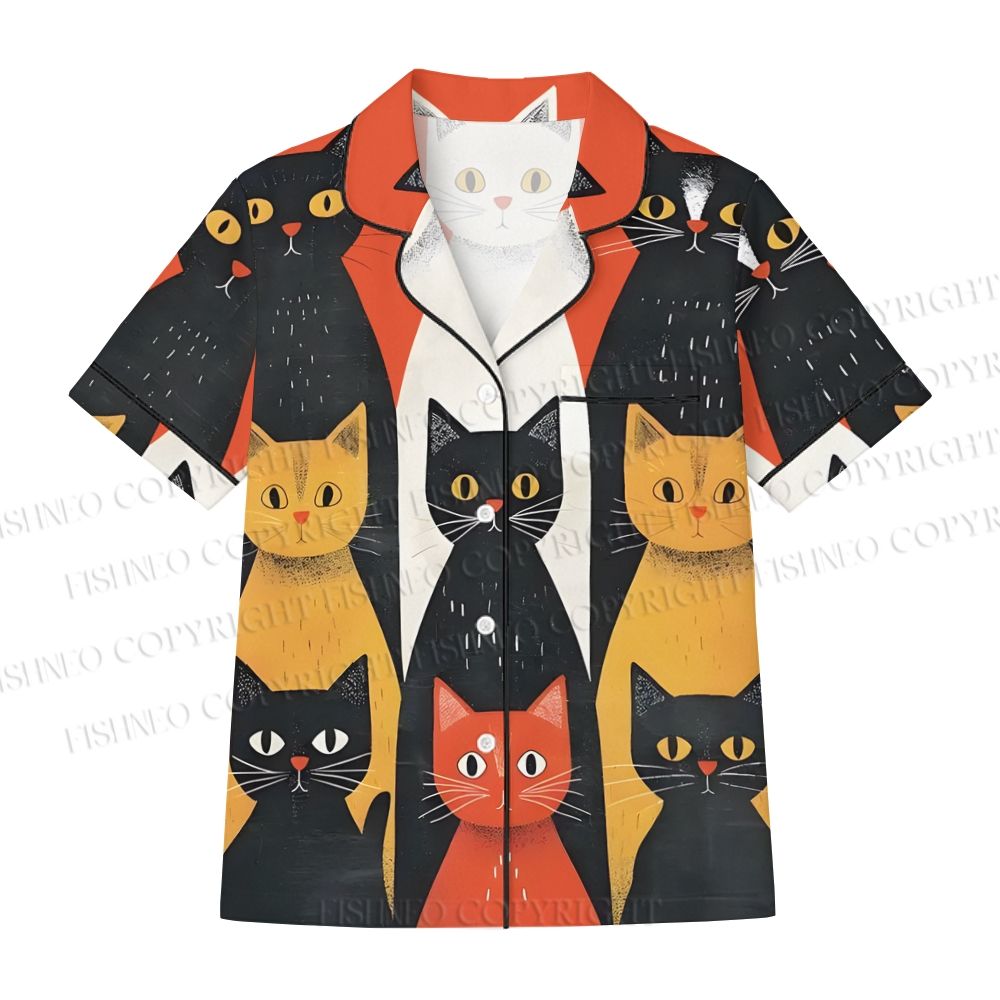 Cats Family Sit in Line Crew Neck Pajama sets