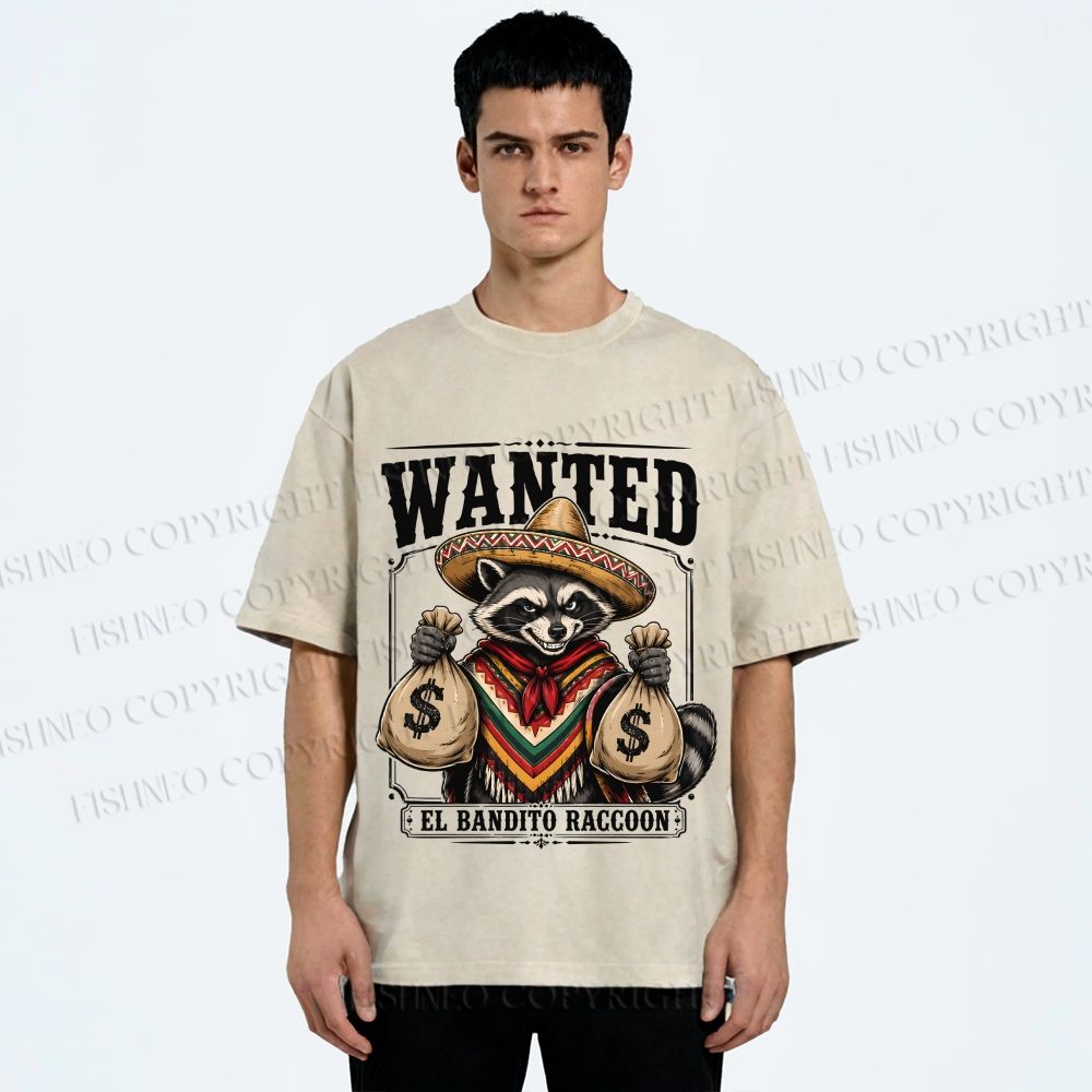Unisex Wanted Bandit Raccoon Printed Washed Tee