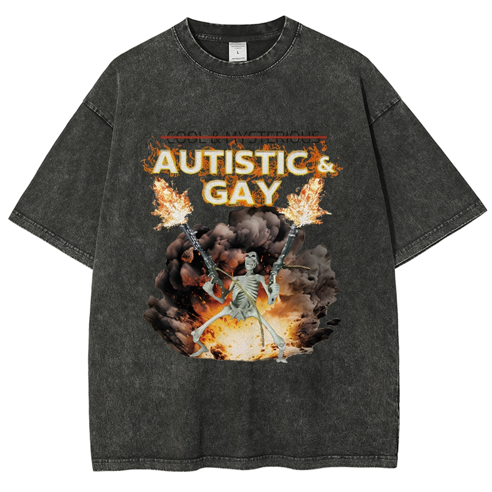 Autistic and Gay Skeleton Explosion Washed T-Shirt