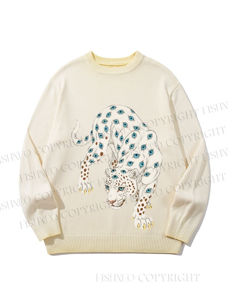 Unisex White Panther With Eyes Gradient Casual Sweater