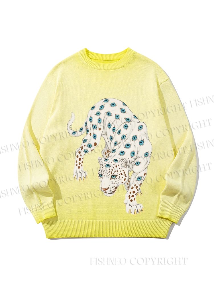 Unisex White Panther With Eyes Gradient Casual Sweater