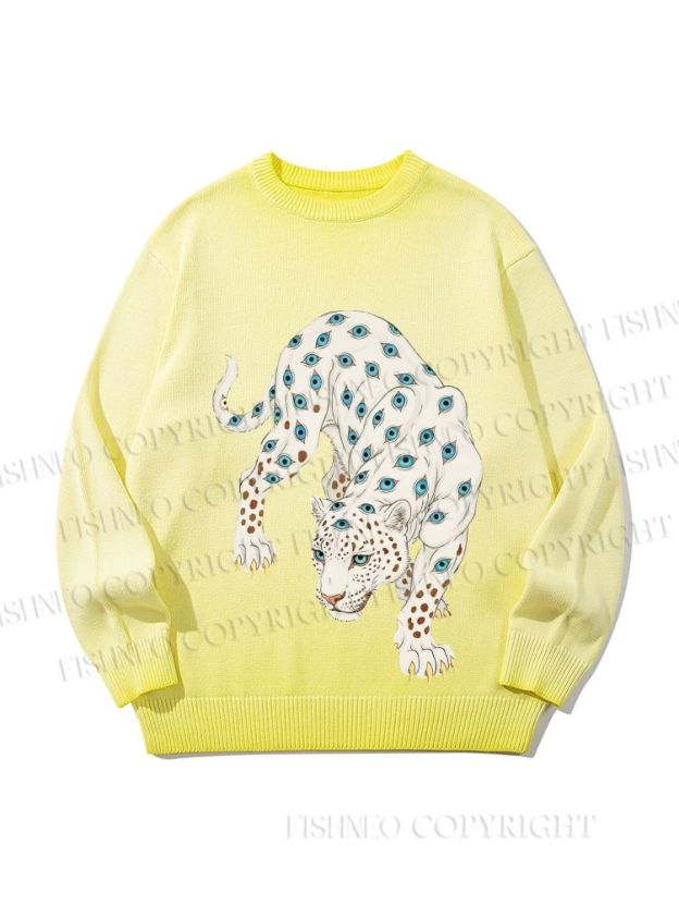 Unisex White Panther With Eyes Gradient Casual Sweater