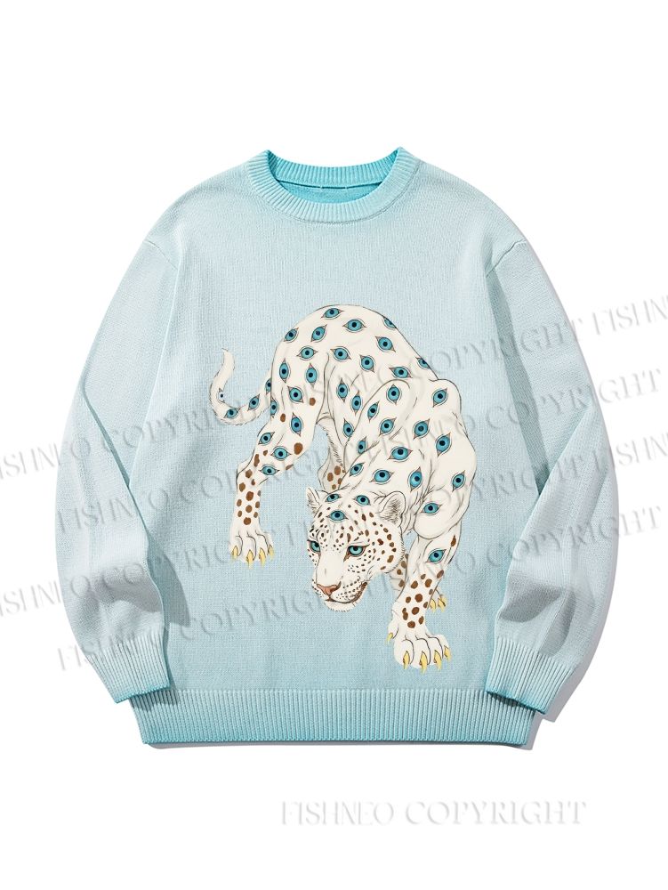 Unisex White Panther With Eyes Gradient Casual Sweater