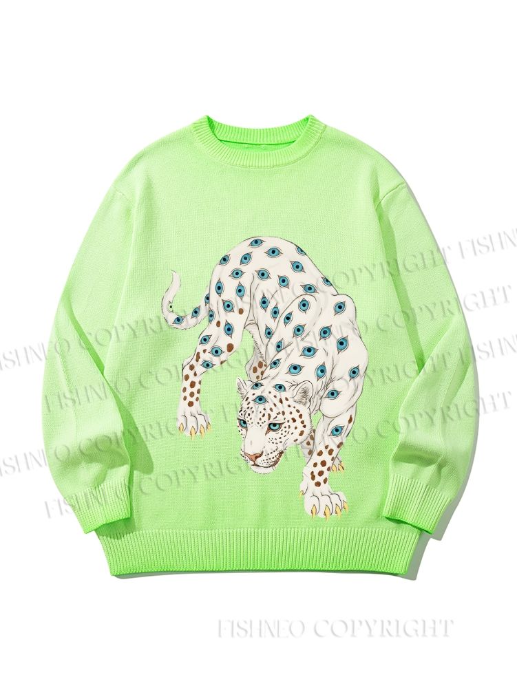 Unisex White Panther With Eyes Gradient Casual Sweater