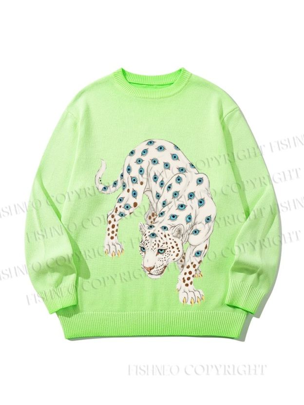 Unisex White Panther With Eyes Gradient Casual Sweater