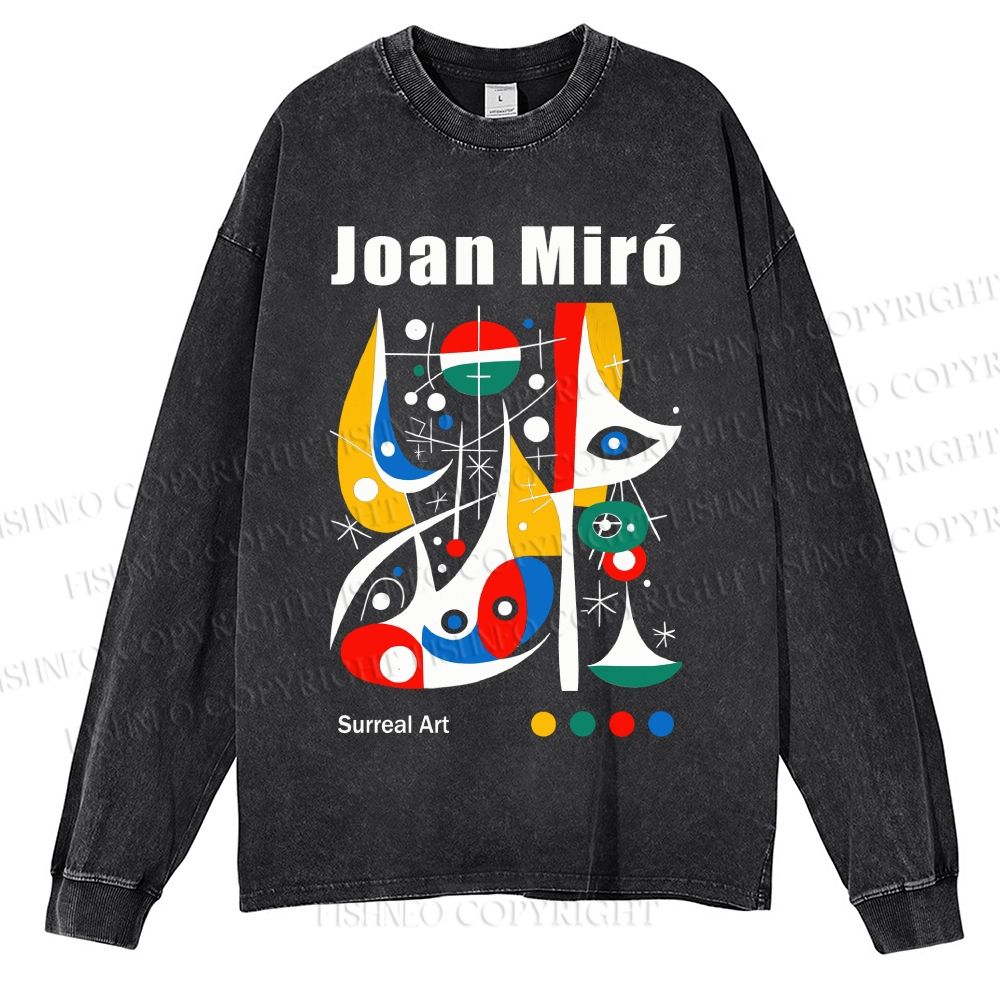 Unisex Casual Washed Joan Miró Style Art Printed Long Sleeve T-shirt