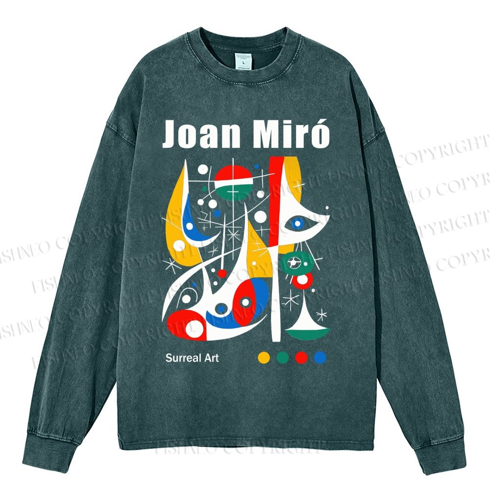 Unisex Casual Washed Joan Miró Style Art Printed Long Sleeve T-shirt