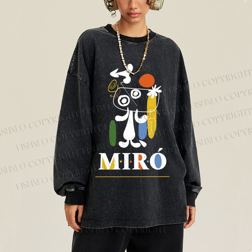 Unisex Casual Washed Joan Miró Style Dog Printed Long Sleeve T-shirt