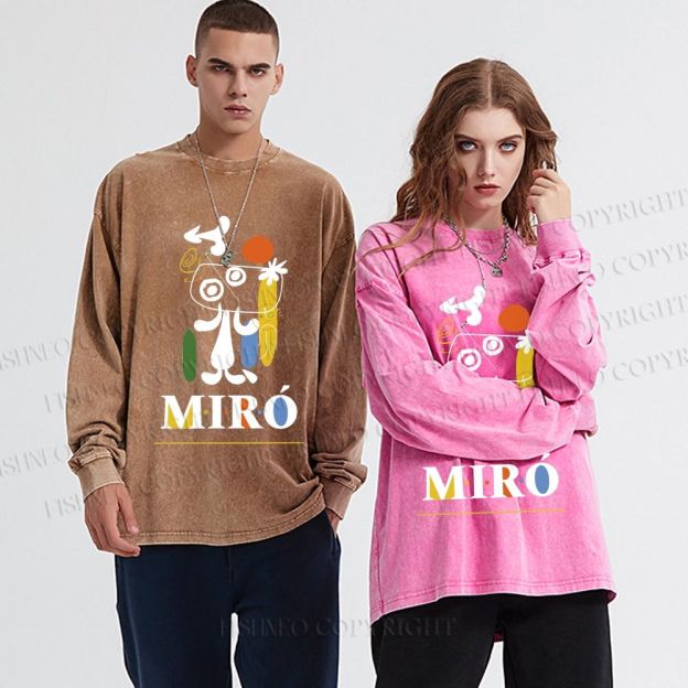 Unisex Casual Washed Joan Miró Style Dog Printed Long Sleeve T-shirt