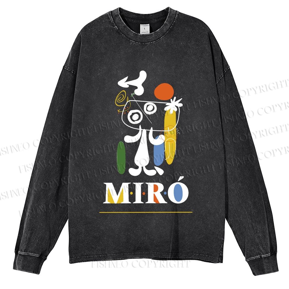 Unisex Casual Washed Joan Miró Style Dog Printed Long Sleeve T-shirt