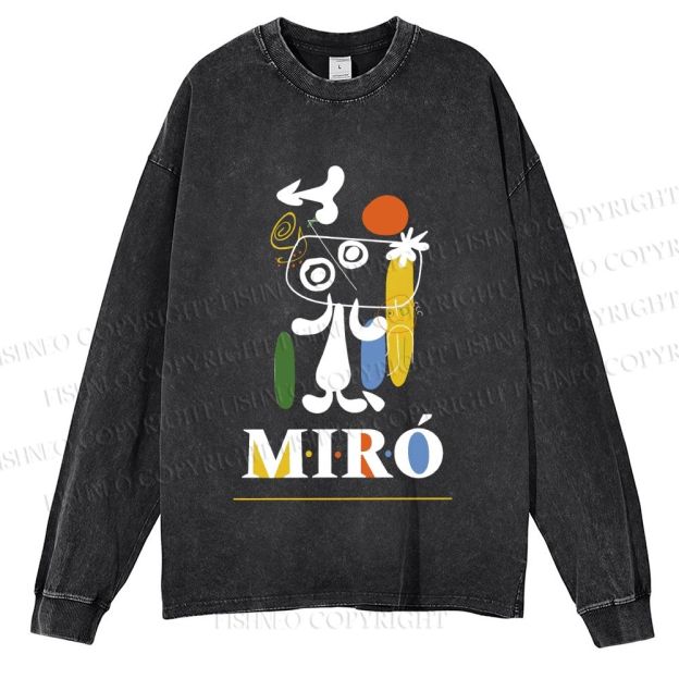 Unisex Casual Washed Joan Miró Style Dog Printed Long Sleeve T-shirt