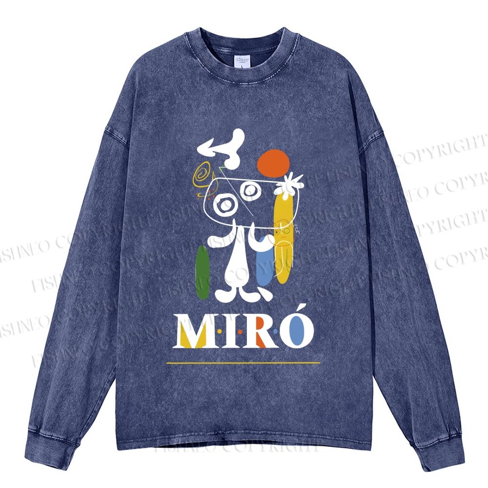 Unisex Casual Washed Joan Miró Style Dog Printed Long Sleeve T-shirt