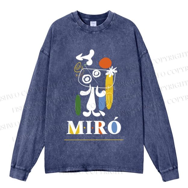 Unisex Casual Washed Joan Miró Style Dog Printed Long Sleeve T-shirt
