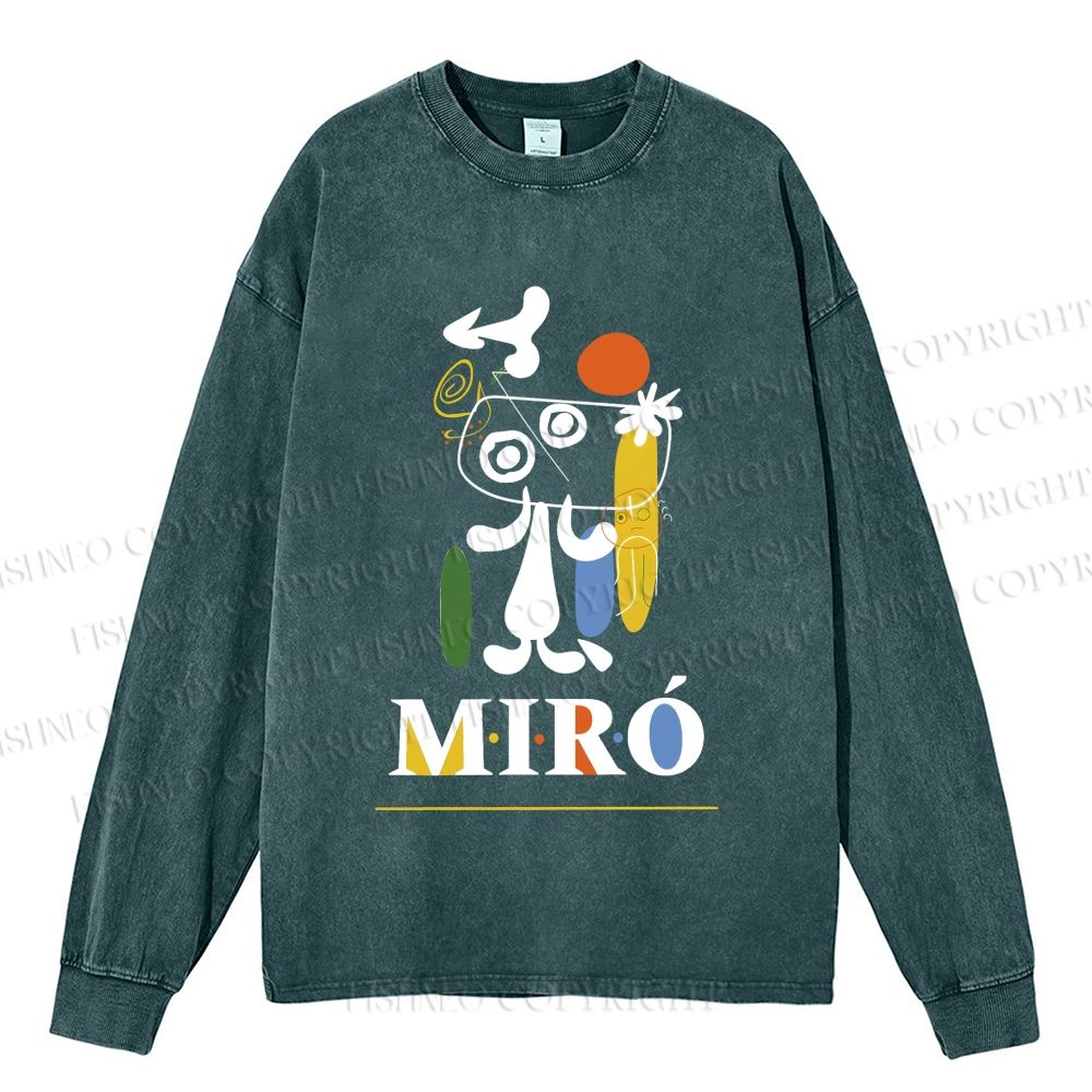 Unisex Casual Washed Joan Miró Style Dog Printed Long Sleeve T-shirt