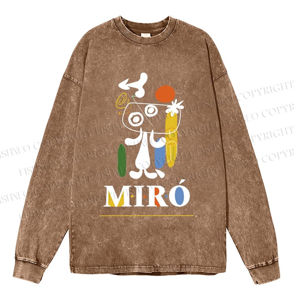 Unisex Casual Washed Joan Miró Style Dog Printed Long Sleeve T-shirt