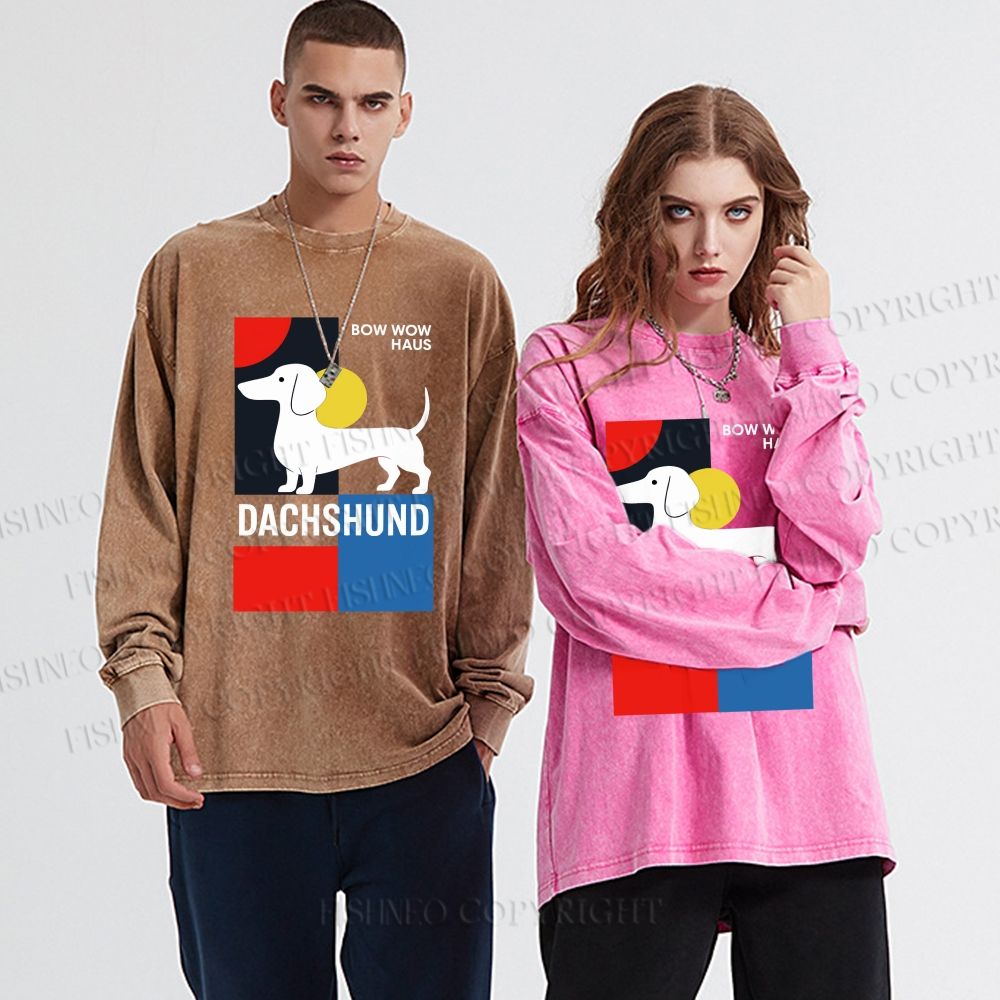 Unisex Casual Washed Bow Wow Haus Printed Long Sleeve T-shirt