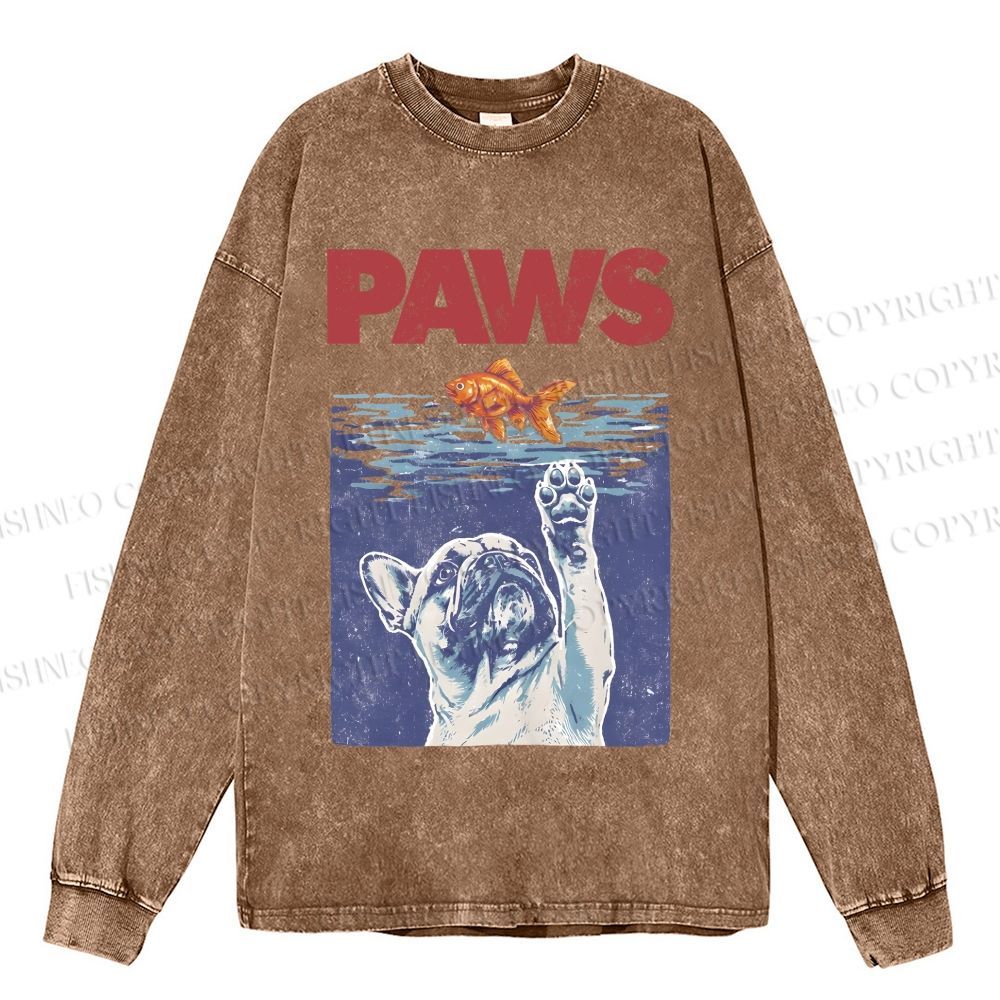 Unisex Casual Washed Dog Paws Printed Long Sleeve T-shirt