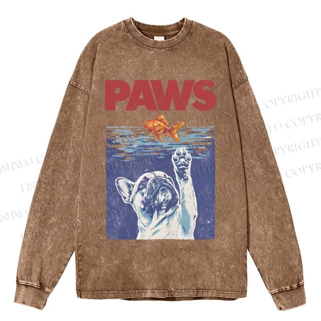 Unisex Casual Washed Dog Paws Printed Long Sleeve T-shirt