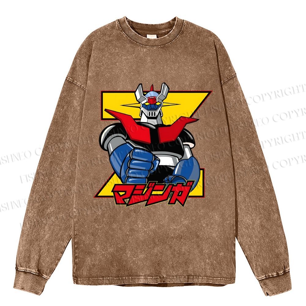 Unisex Casual Washed Mazinger Grendizer Printed Long Sleeve T-shirt