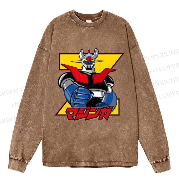 Unisex Casual Washed Mazinger Grendizer Printed Long Sleeve T-shirt