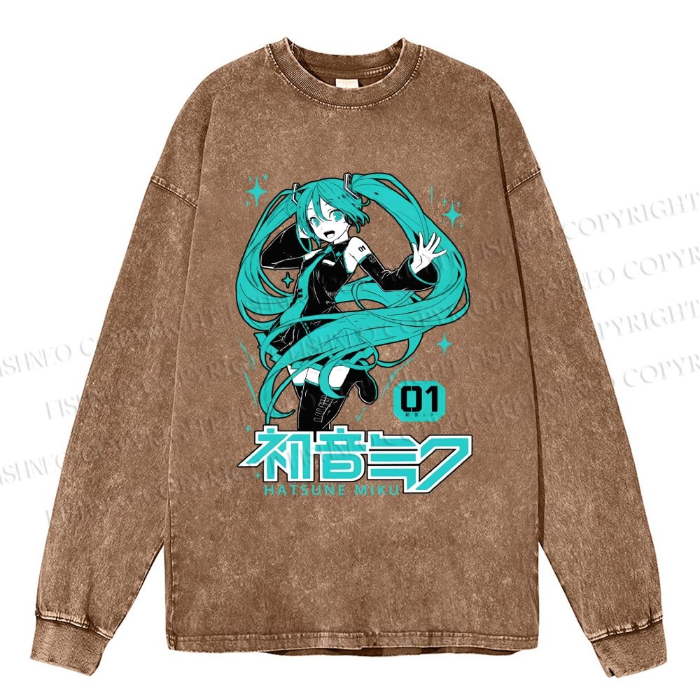 Unisex Casual Washed Hatsune Miku Printed Long Sleeve T-shirt