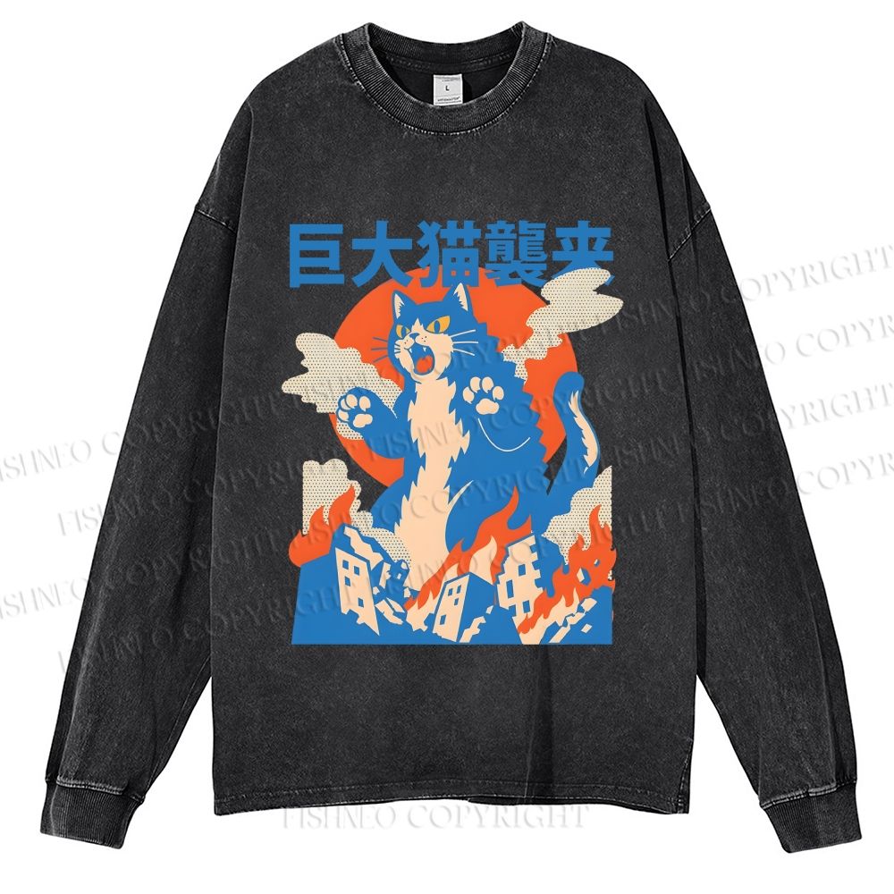 Unisex Casual Washed Giant Cat Monster Attack Printed Long Sleeve T-shirt