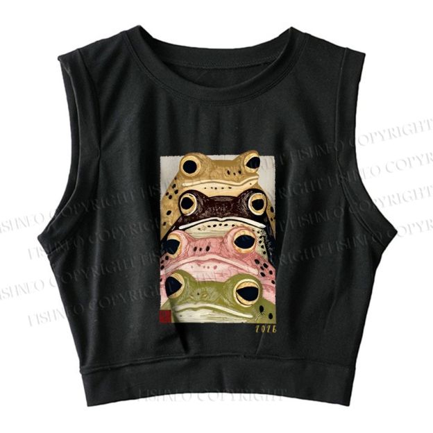 Whimsical Multi Colored Frog Art Sleeveless Crop Tops