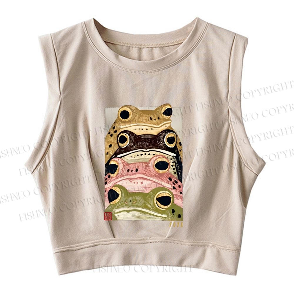 Whimsical Multi Colored Frog Art Sleeveless Crop Tops