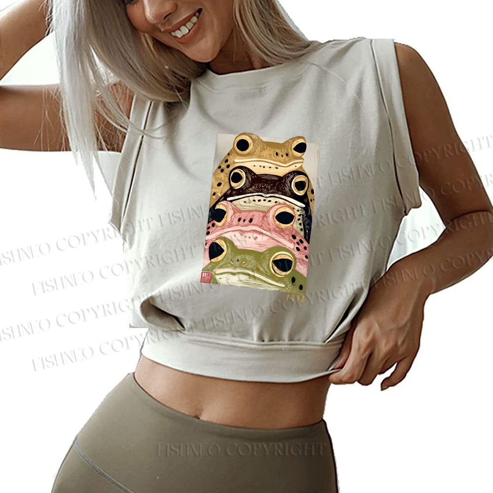 Whimsical Multi Colored Frog Art Sleeveless Crop Tops