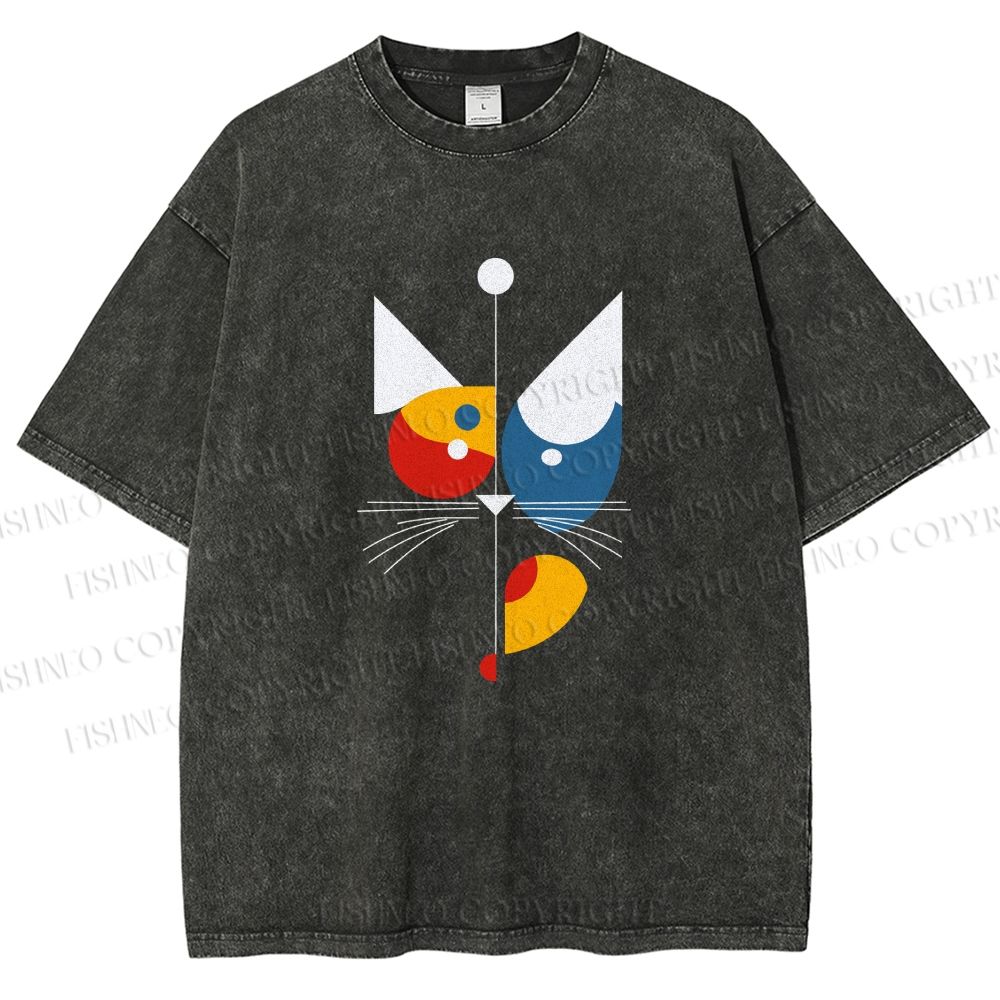 Unisex Bauhaus Geometric Cat Printed Washed Tee