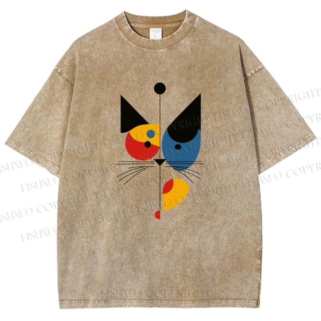Unisex Bauhaus Geometric Cat Printed Washed Tee