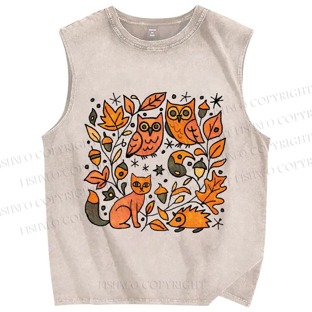 Unisex Halloween Cat With Owls in Wood Printed Washed Tank Top