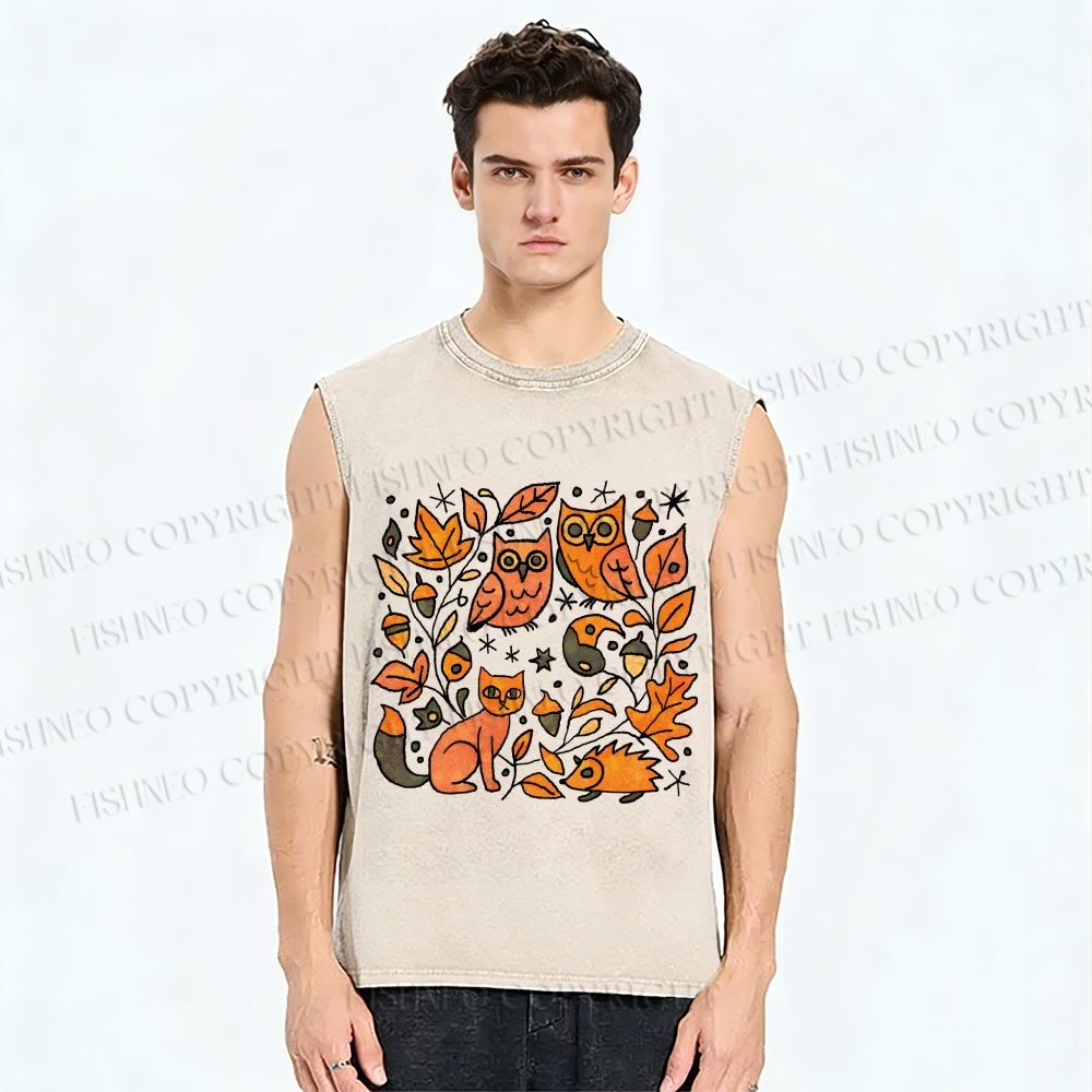 Unisex Halloween Cat With Owls in Wood Printed Washed Tank Top