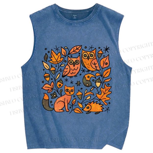 Unisex Halloween Cat With Owls in Wood Printed Washed Tank Top