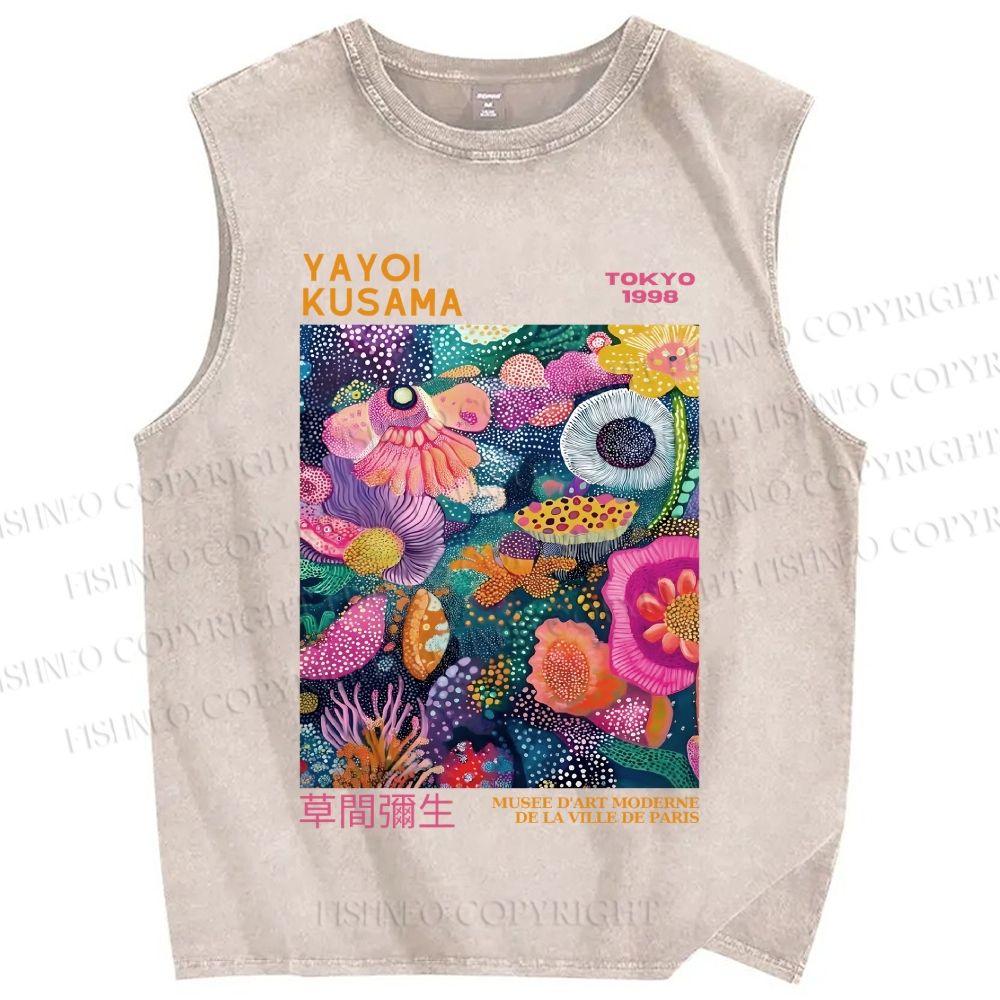 Unisex Yayoi Kusama Multicolor Flowers Printed Washed Tank Top